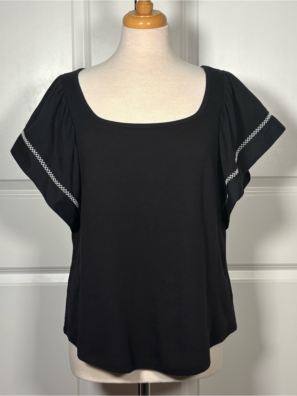 Maeve Black Flutter Sleeve Top with White Stitching